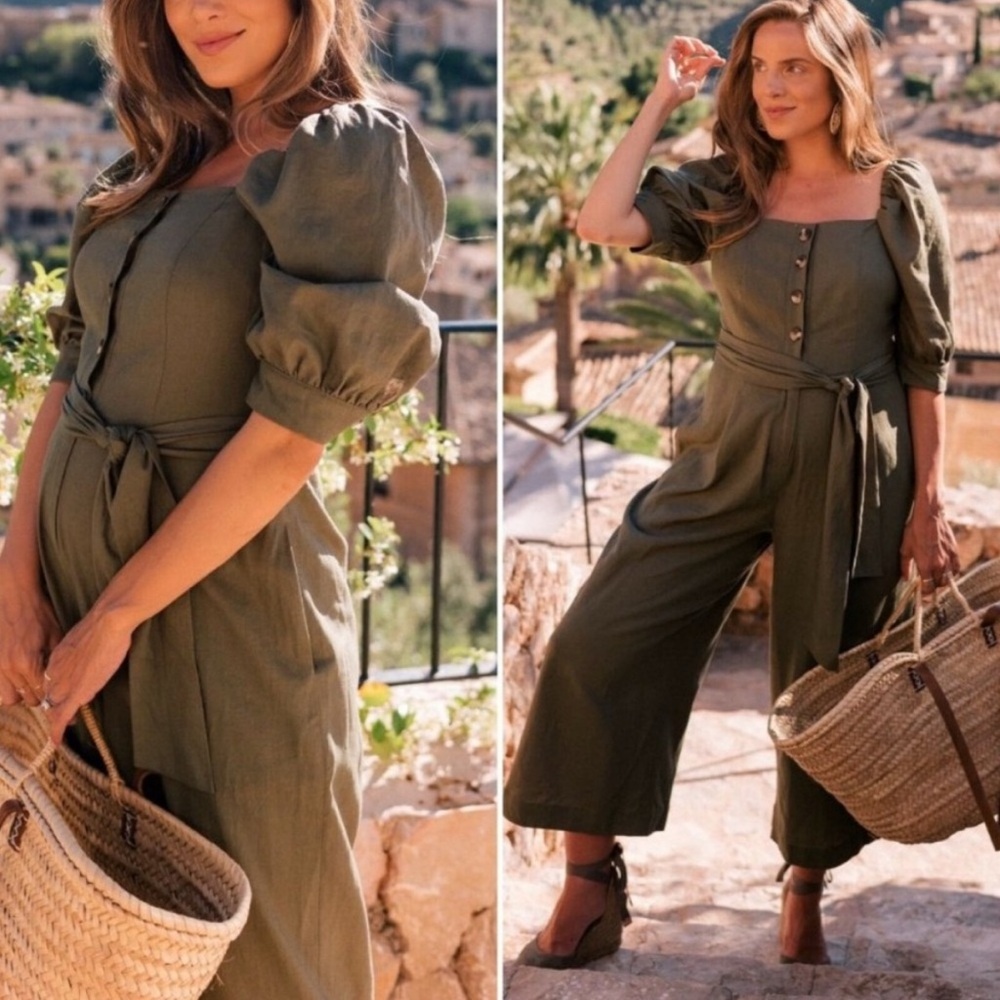 Gal Meets Glam Green Linen Puff Sleeve Jumpsuit Size 18